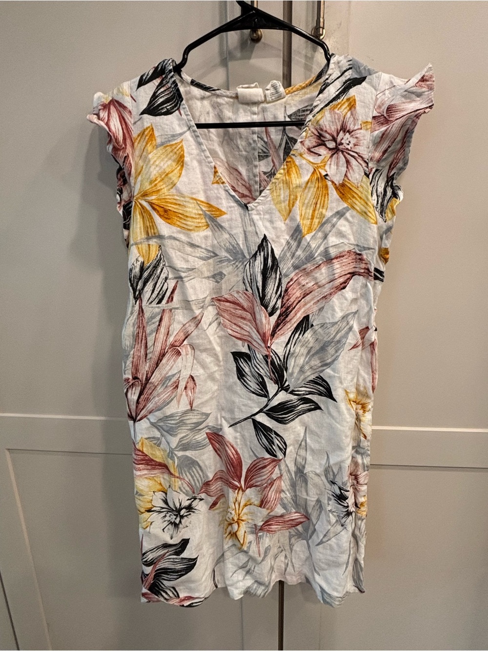 C&C California 100% Linen Tropical Floral Flutter-Sleeve shift dress - Small